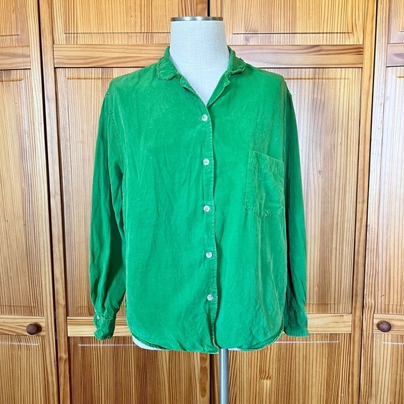 Zara Medium Green Linen Blend Button Front Shirt Distressed Frayed Casual Office - Picture 3 of 10